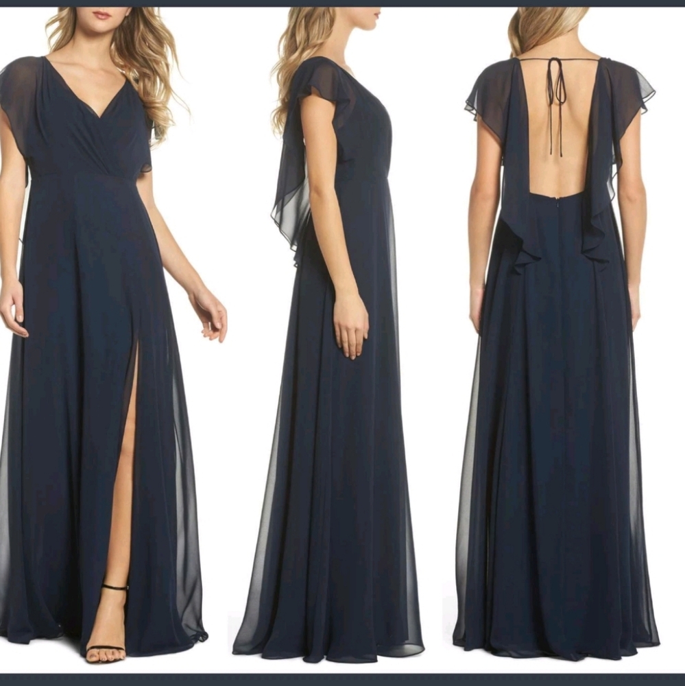 $285 Jenny Yoo Collection Alanna Open Back Chiffon Gown Navy [ SZ 4]